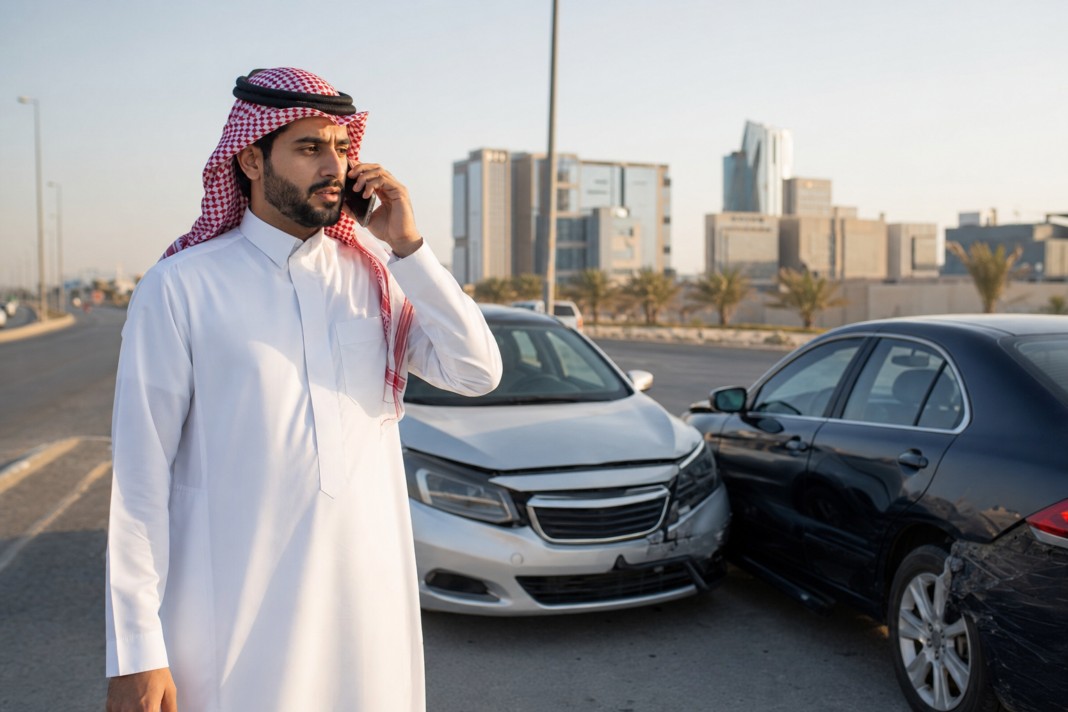 Saudi driver on the phone after a car accident in Riyadh